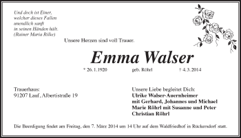 Traueranzeige von Emma Walser von Pegnitz-Zeitung